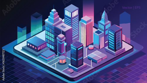 Isometric cityscape with neon lights and digital grid background buildings skyscrapers