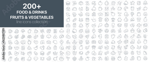 Food and drinks, fruits and vegetables line icon collection featuring ingredients, meals, beverages, snacks, and natural products. Designed for restaurants, grocery apps, nutrition plans