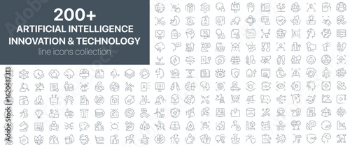 Artificial intelligence, innovation and technology line icons collection. Includes robots, smart sensors, data analytics, futuristic tools, and neural systems