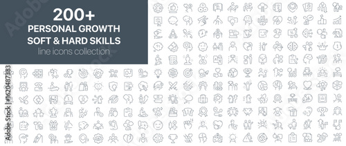 Personal growth and skills development line icons covering emotional intelligence, career skills, knowledge, and learning. Ideal for training, education, coaching, and HR tools