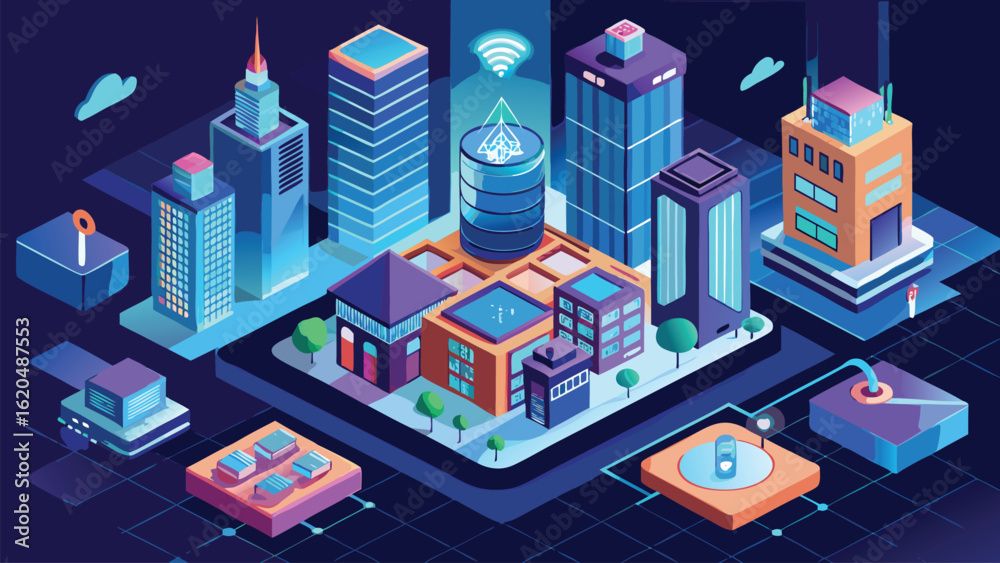 Obraz premium Isometric digital city with glowing buildings and data connections technology urban
