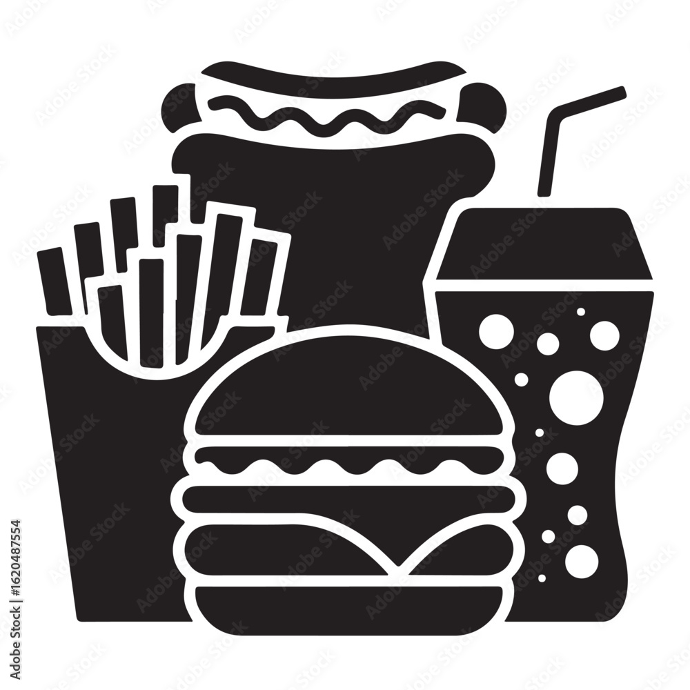 A delicious set of cartoon fast food icons, including hamburgers, fries, and drinks, perfect for menus and design illustrations A delicious set of cartoon fast food icons, including hamburgers, fries, and drinks, perfect for menus and design illustrations