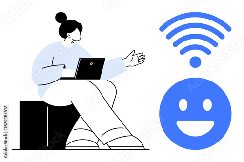 Woman seated with laptop gesturing at wireless signal above smiling emotion. Ideal for technology, remote work, online education, communication, internet services, user-friendly design, simple