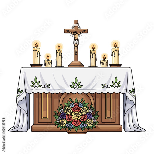 Easter Catholic altar vector, clean white cloth and fresh flowers. Vector flat design cartoon. AI generated images.