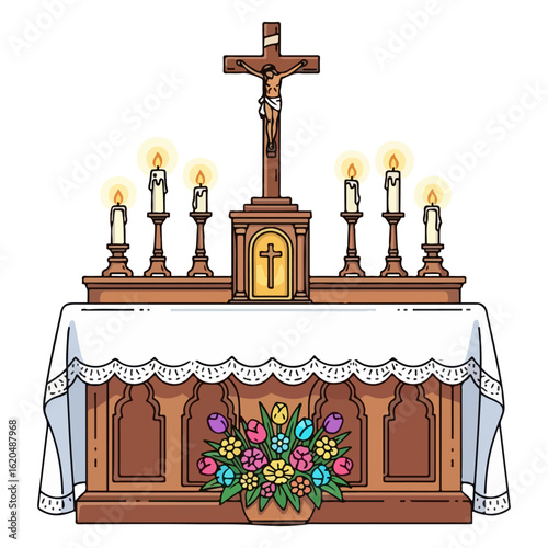 Easter Catholic altar vector, clean white cloth and fresh flowers. Vector flat design cartoon. AI generated images.