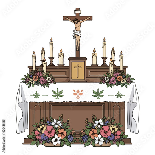 Easter Catholic altar vector, clean white cloth and fresh flowers. Vector flat design cartoon. AI generated images.