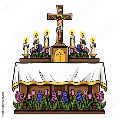 Easter Catholic altar vector, clean white cloth and fresh flowers. Vector flat design cartoon. AI generated images.