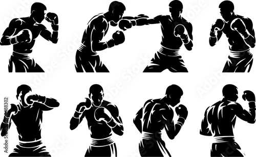pure black silhouette vector illustrations of a boxer mid-punch throwing a jab