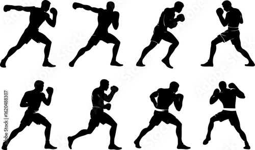 pure black silhouette vector illustrations of a boxer mid-punch throwing a jab