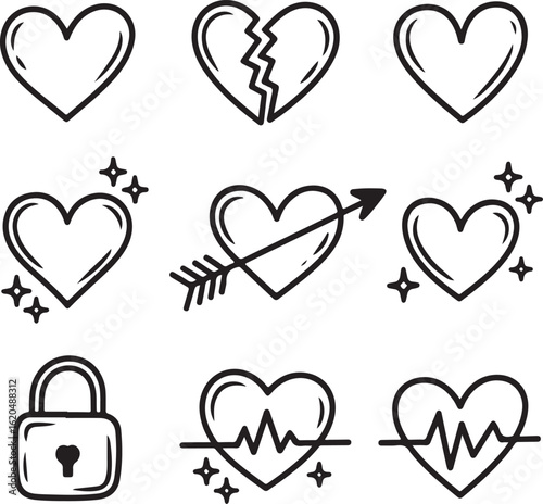 Romantic Heart Doodle Icons  Hand-Drawn Love Symbols, Broken Hearts, Cupid Arrow, and Infinity Signs Vector Se