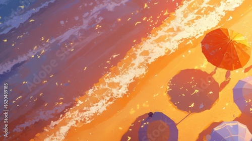 Beach scene with vibrant colors and umbrellas.