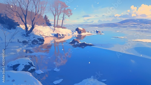 A serene winter landscape with icy water reflections.