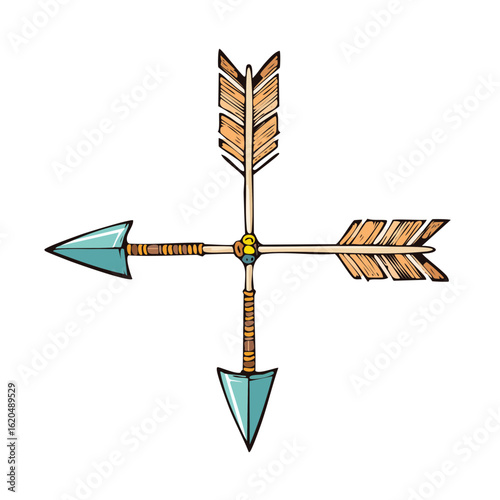 Four decorative arrows centered with a bead design. Arrowheads point in four directions with feather designs.