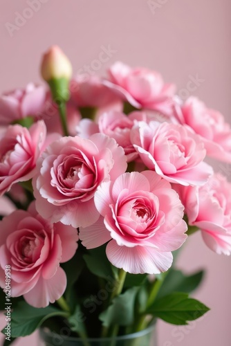 A lush bouquet of soft pink carnations, tightly arranged , spring, pink