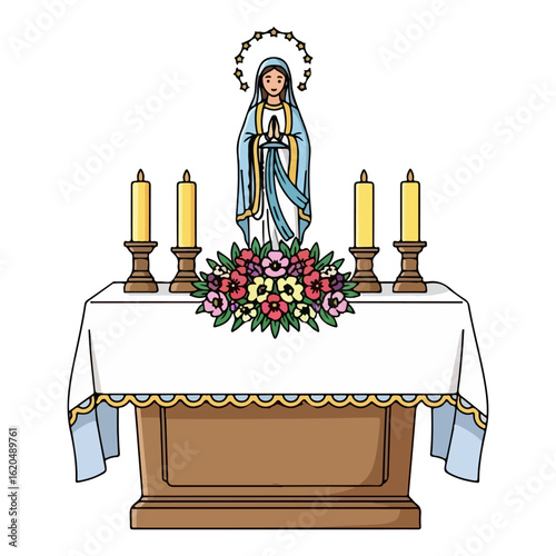 Catholic altar vector of Mary month, small statue of Virgin Mary and flower arrangement. Vector flat design cartoon. AI generated images.