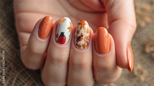 beautiful autumn style nails with tree leaves and birds	
