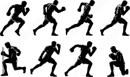 pure black silhouette vector illustrations of a boxer performing footwork drills