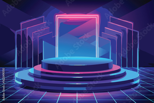 Neon illuminated stage podium with geometric background and grid floor light glowing