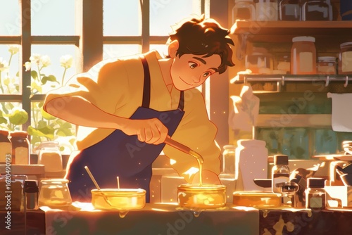 A young man meticulously prepares a mixture in a cozy kitchen.