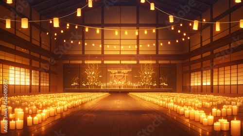 A spacious hall filled with numerous candles casting warm light.
