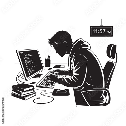 Silhouette of a person wearing a hoodie working diligently on a computer late at night
