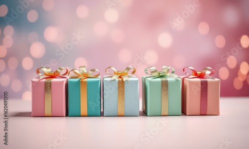 Five colorful gift boxes with gold ribbons and bows on a pink background bokeh effect presents