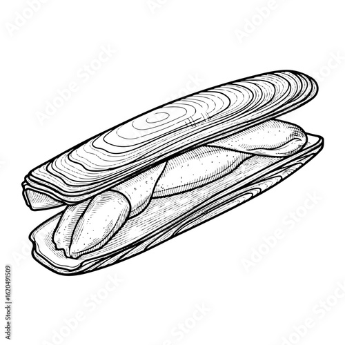 Razor clam, black and white line art engraving, vector illustration, isolated on white background