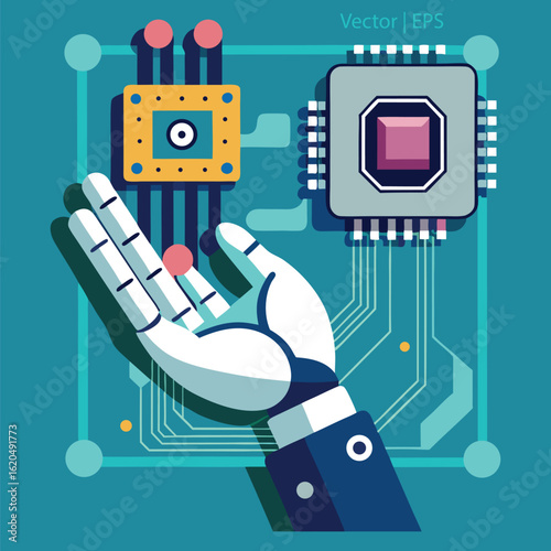 Robotic hand holding electronic components on circuit board background technology