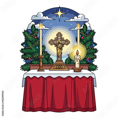 Vector Christmas eve Catholic altar, burning candle light and small cross standing. Vector flat design cartoon. AI generated images.