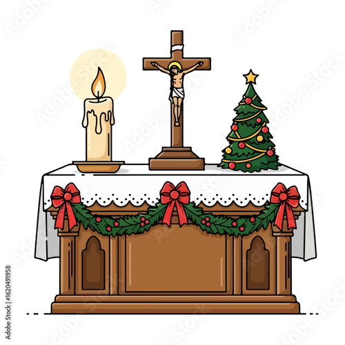 Vector Christmas eve Catholic altar, burning candle light and small cross standing. Vector flat design cartoon. AI generated images.