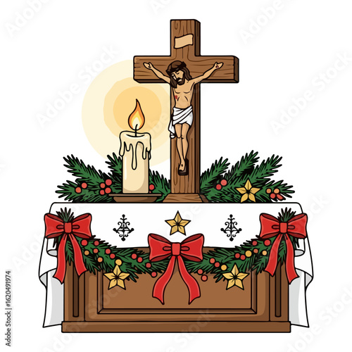 Vector Christmas eve Catholic altar, burning candle light and small cross standing. Vector flat design cartoon. AI generated images.