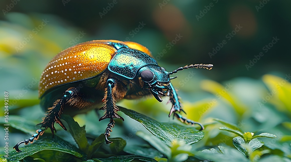 Fototapeta premium Exotic metallic beetle against a vibrant rainforest backdrop