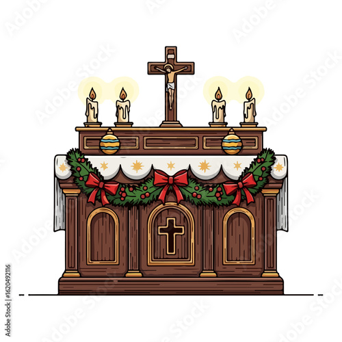 Vector Christmas eve Catholic altar, burning candle light and small cross standing. Vector flat design cartoon. AI generated images.