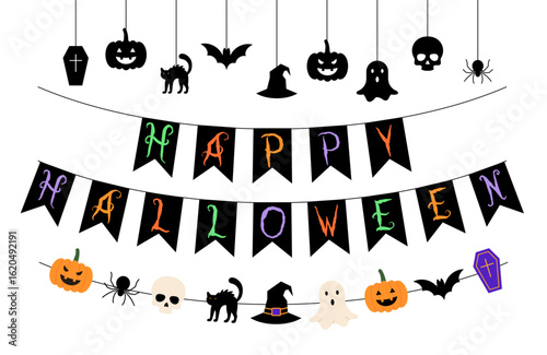 Halloween garland. Festive decoration for walls and windows. Happy Halloween text, pumpkin, bat, spider, skull, cat, witch, ghost and more. Vector illustration.