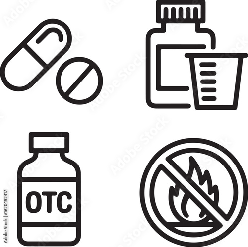 A set of medical line icons representing pharmaceuticals, dosage, over-the-counter medicine, and safety warnings.