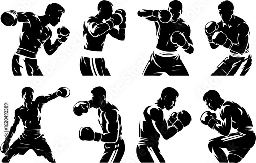 pure black silhouette vector illustrations of a boxer practicing with mitts 