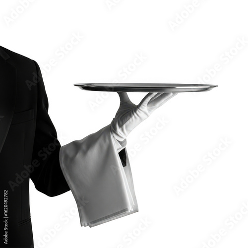 Waiter holding a silver tray isolated on transparent background