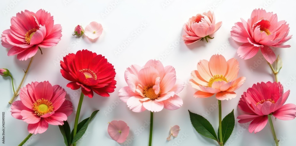 Fototapeta premium Elegant red, pink, peach blooms arranged on white background , tulips, color