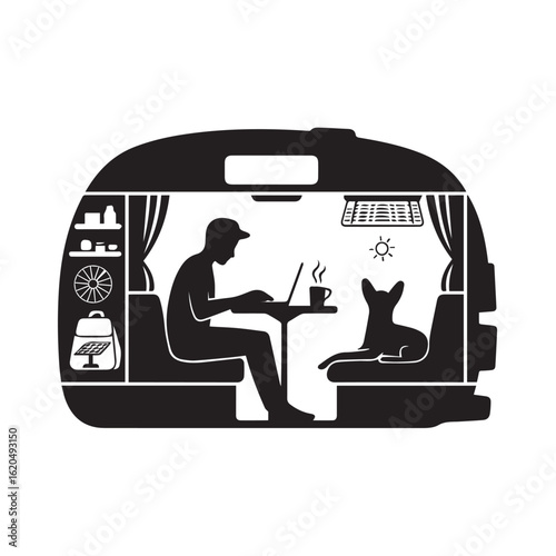 Silhouette of a person working on a laptop with a dog inside a camper van