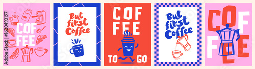 Creative coffee posters or cards in cartoon sketch doodle retro style with cups, coffee pot, espresso machine, cappuccino and typography design. Decor for kitchens, cafe, coffee shop and restaurant.  