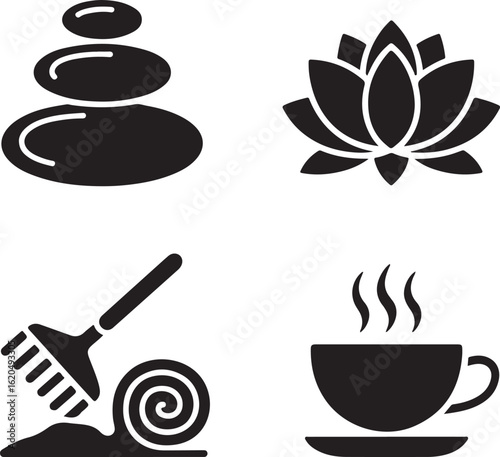 Spa Wellness Solid Icon Set  Massage Stones, Lotus Flower, Zen Garden, Towel Roll, Herbal Tea