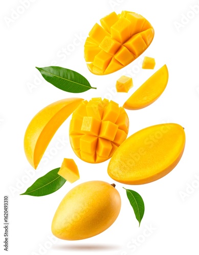 Vibrant Yellow Mango Slices and Cubes Floating Against White Background