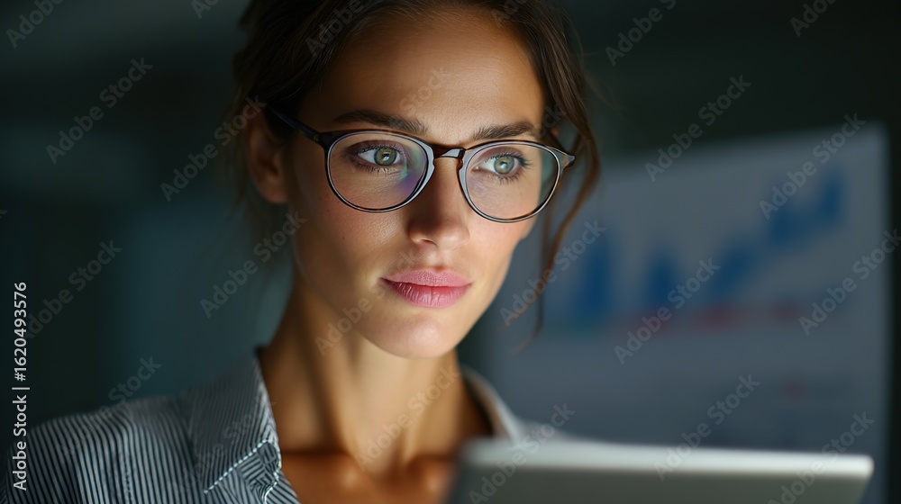 Focused Professional at Work: A focused professional woman wearing glasses, intently working on a digital tablet in a dimly lit office environment, conveying a sense of determination and expertise. Focused Professional at Work: A focused professional woman wearing glasses, intently working on a digital tablet in a dimly lit office environment, conveying a sense of determination and expertise.