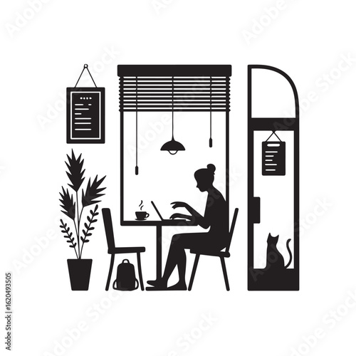 Silhouette of a woman working on a laptop in a cozy cafe with a cat nearby