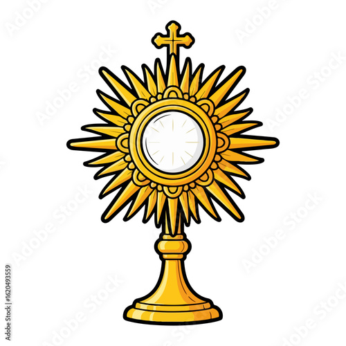 Cartoon of a golden Catholic monstrance, sun shaped with a white host in the center. Vector flat design cartoon. AI generated images.