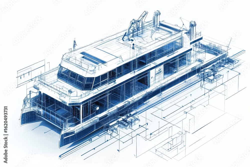Obraz premium Blueprint diagram of an electric ferry system with charging docks, sustainable port infrastructure, and renewable power integration. Green marine transit concept. White background.