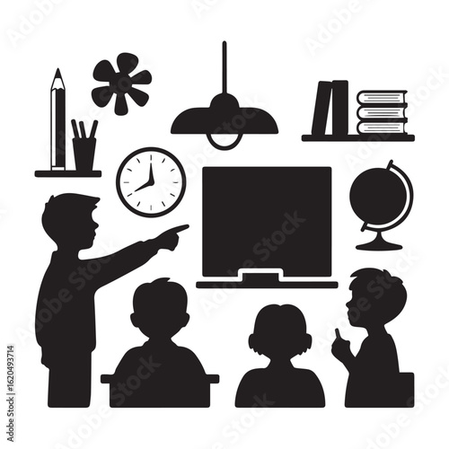 Teacher instructing students in a classroom setting with educational tools and furniture