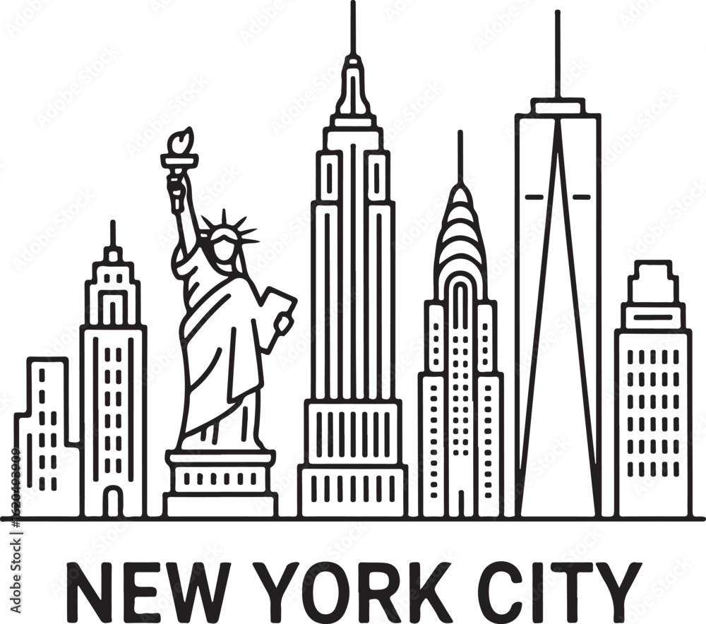 Naklejka premium New York City Skyline Vector Iconic NYC Landmark Silhouette on White Background