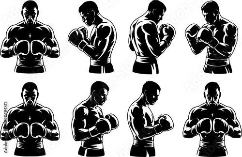 pure black silhouette vector illustrations of a boxer standing with arms crossed