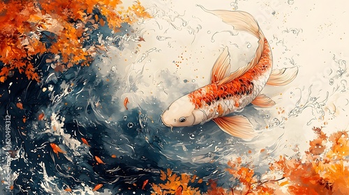 A vibrant carp leaping from the water in a dynamic Asian inspired scene